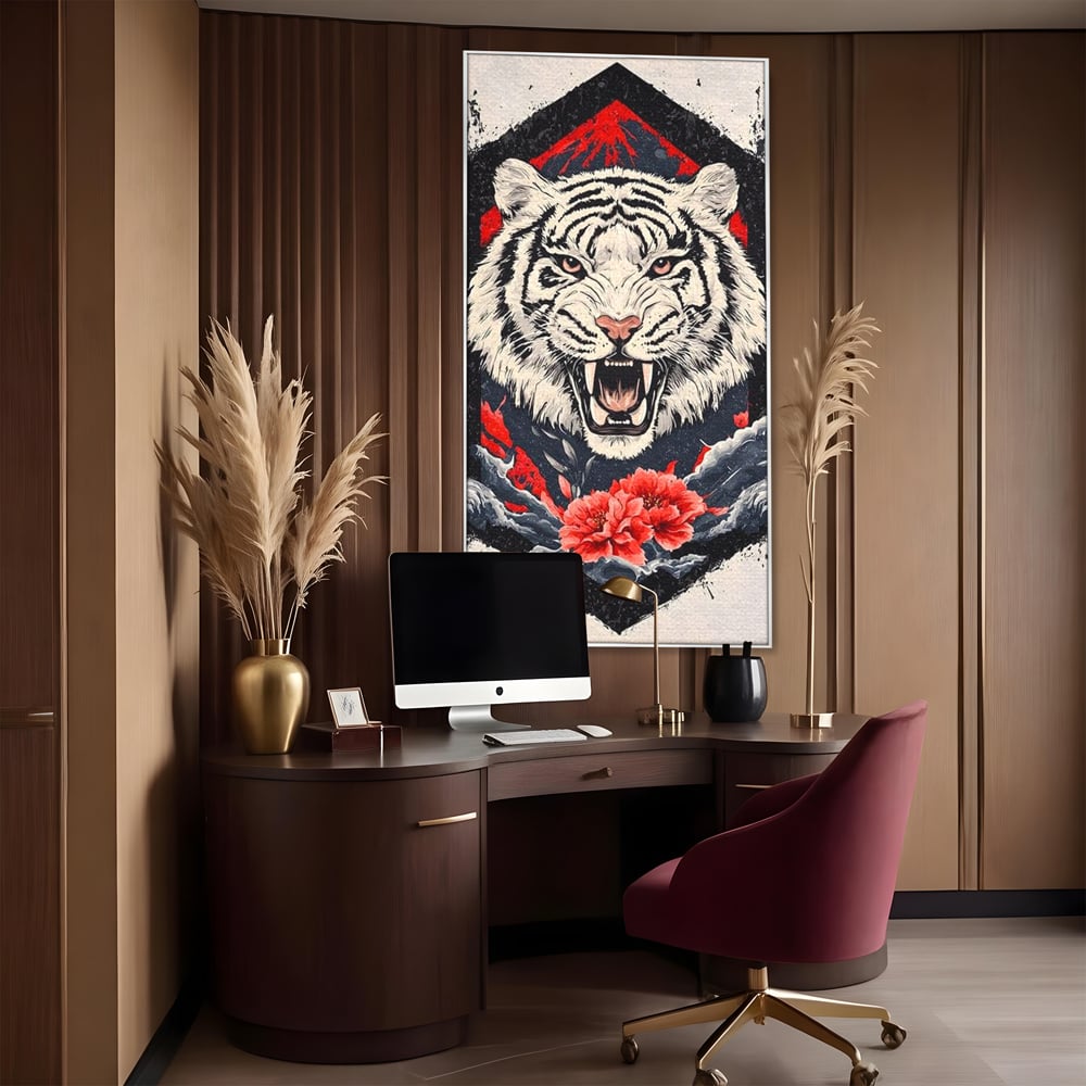 Tablou Canvas Premium, LuxCanva® M1448, In Umbra Muntelui, Siberian, Simbol, Orient, Tigru, Flori, Raget, Colti, Pictura, Arta Abstracta, Birou, Living, Camera Copil