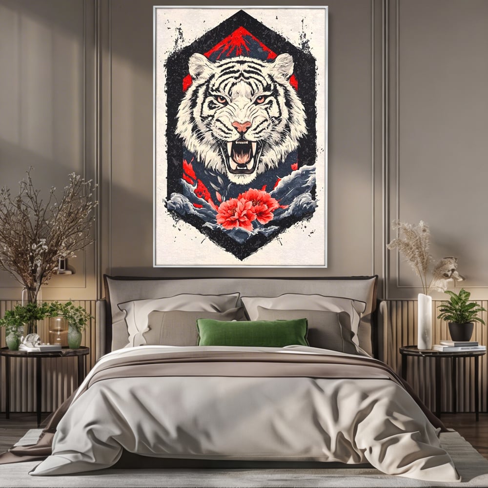 Tablou Canvas Premium, LuxCanva® M1448, In Umbra Muntelui, Siberian, Simbol, Orient, Tigru, Flori, Raget, Colti, Pictura, Arta Abstracta, Birou, Living, Camera Copil