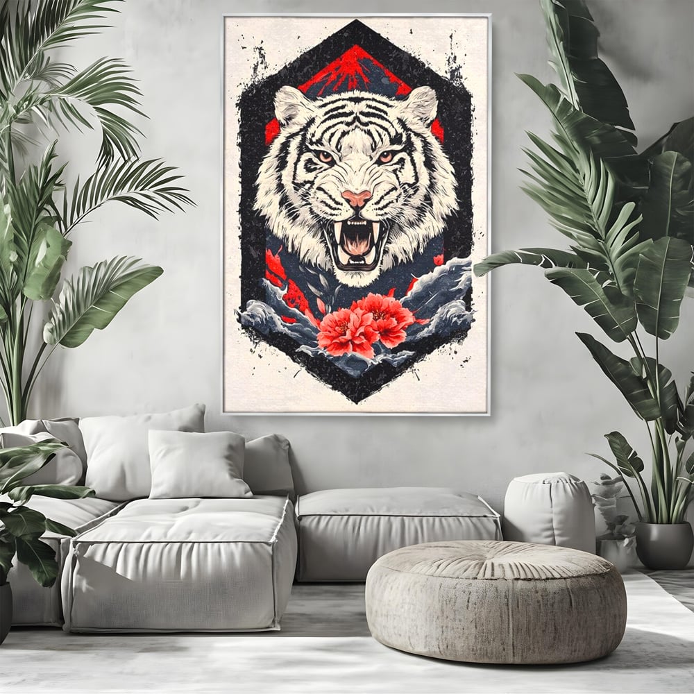 Tablou Canvas Premium, LuxCanva® M1448, In Umbra Muntelui, Siberian, Simbol, Orient, Tigru, Flori, Raget, Colti, Pictura, Arta Abstracta, Birou, Living, Camera Copil