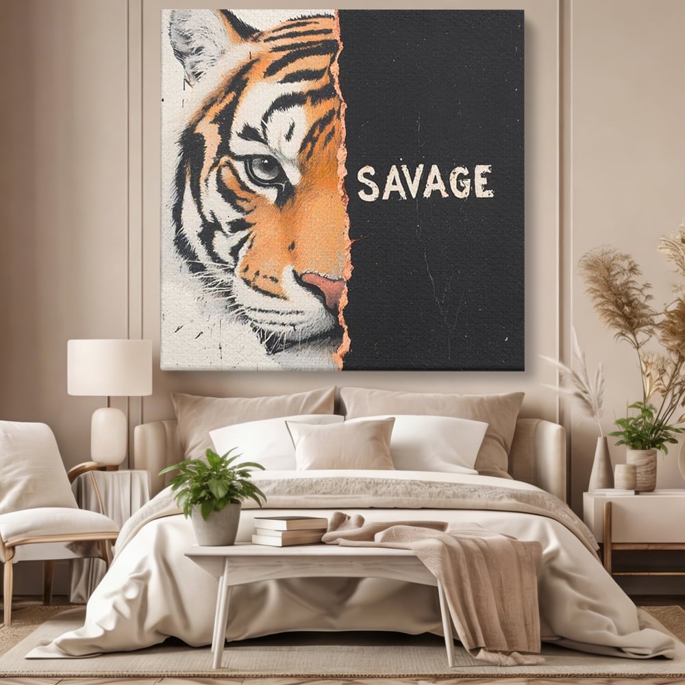 Leinwandbilder Premium, LuxCanva® M1449, Wild und frei, Tiger, Katze, Gesicht, Dualität, Botschaft, Blick, Mut, Beherrschung, unbesiegbar, modern, Büro, Wohnen, Kinderzimmer