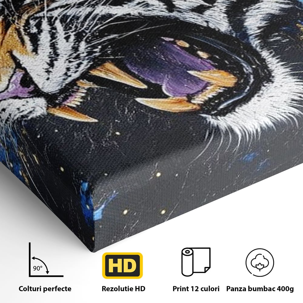 Leinwand Wandkunst Canvas Premium, LuxCanva® M1450, Schönheit aus Chaos, Blumen, Blütenblätter, Gold, Malerei, Spinne, Tiger, Wild, Hauer, Dschungel, Tier, Exotisch, Büro, Wohnen, Kinderzimmer