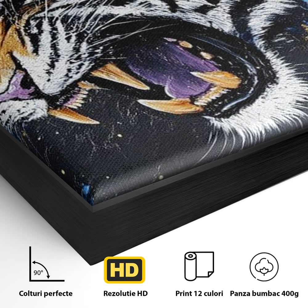 Leinwand Wandkunst Canvas Premium, LuxCanva® M1450, Schönheit aus Chaos, Blumen, Blütenblätter, Gold, Malerei, Spinne, Tiger, Wild, Hauer, Dschungel, Tier, Exotisch, Büro, Wohnen, Kinderzimmer