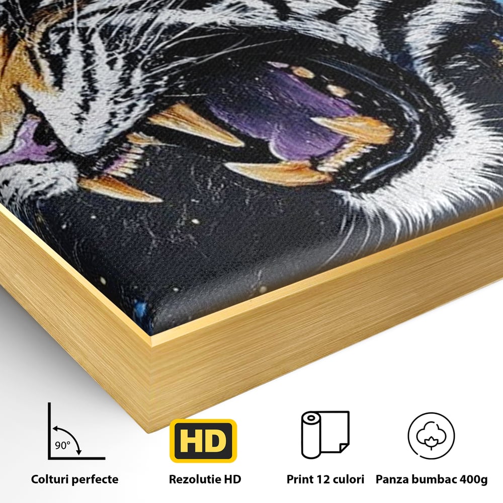 Leinwand Wandkunst Canvas Premium, LuxCanva® M1450, Schönheit aus Chaos, Blumen, Blütenblätter, Gold, Malerei, Spinne, Tiger, Wild, Hauer, Dschungel, Tier, Exotisch, Büro, Wohnen, Kinderzimmer