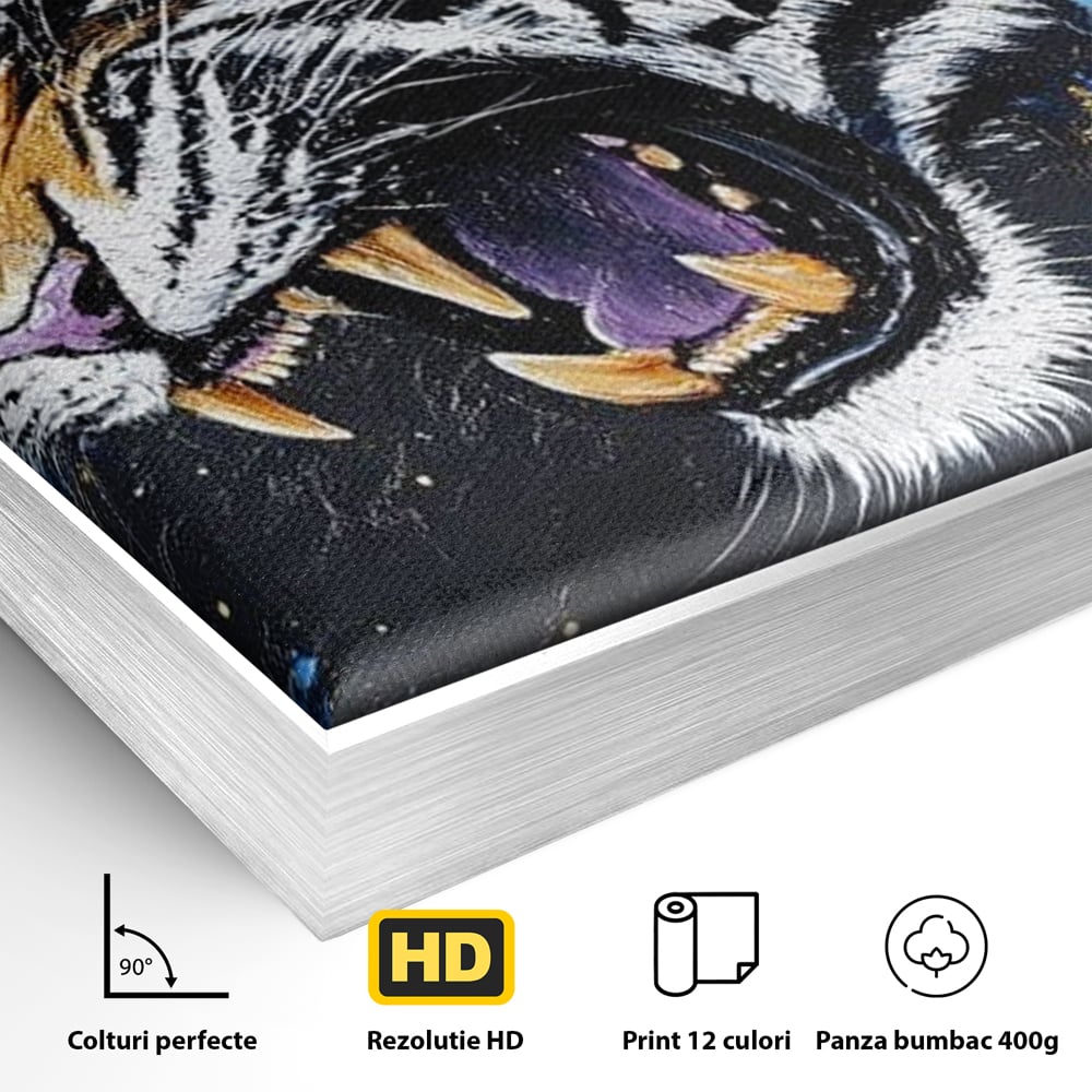 Leinwand Wandkunst Canvas Premium, LuxCanva® M1450, Schönheit aus Chaos, Blumen, Blütenblätter, Gold, Malerei, Spinne, Tiger, Wild, Hauer, Dschungel, Tier, Exotisch, Büro, Wohnen, Kinderzimmer