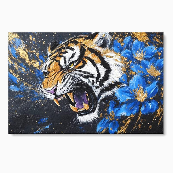 Leinwand Wandkunst Canvas Premium, LuxCanva® M1450, Schönheit aus Chaos, Blumen, Blütenblätter, Gold, Malerei, Spinne, Tiger, Wild, Hauer, Dschungel, Tier, Exotisch, Büro, Wohnen, Kinderzimmer