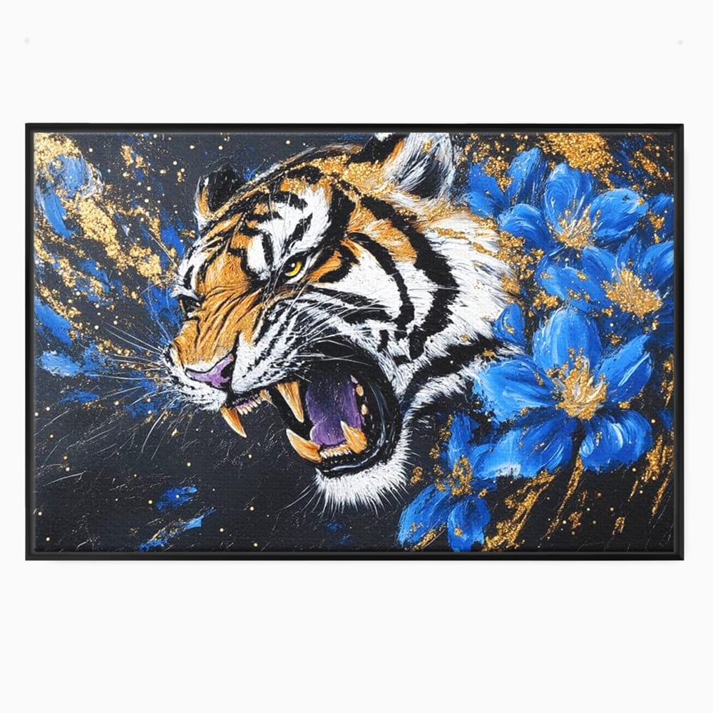 Leinwand Wandkunst Canvas Premium, LuxCanva® M1450, Schönheit aus Chaos, Blumen, Blütenblätter, Gold, Malerei, Spinne, Tiger, Wild, Hauer, Dschungel, Tier, Exotisch, Büro, Wohnen, Kinderzimmer