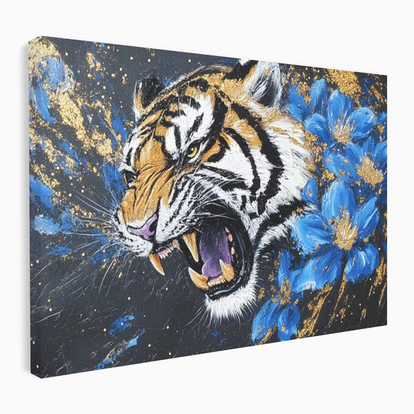 Leinwand Wandkunst Canvas Premium, LuxCanva® M1450, Schönheit aus Chaos, Blumen, Blütenblätter, Gold, Malerei, Spinne, Tiger, Wild, Hauer, Dschungel, Tier, Exotisch, Büro, Wohnen, Kinderzimmer