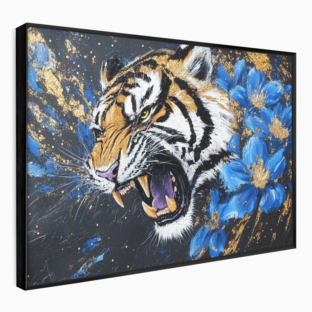 Leinwand Wandkunst Canvas Premium, LuxCanva® M1450, Schönheit aus Chaos, Blumen, Blütenblätter, Gold, Malerei, Spinne, Tiger, Wild, Hauer, Dschungel, Tier, Exotisch, Büro, Wohnen, Kinderzimmer