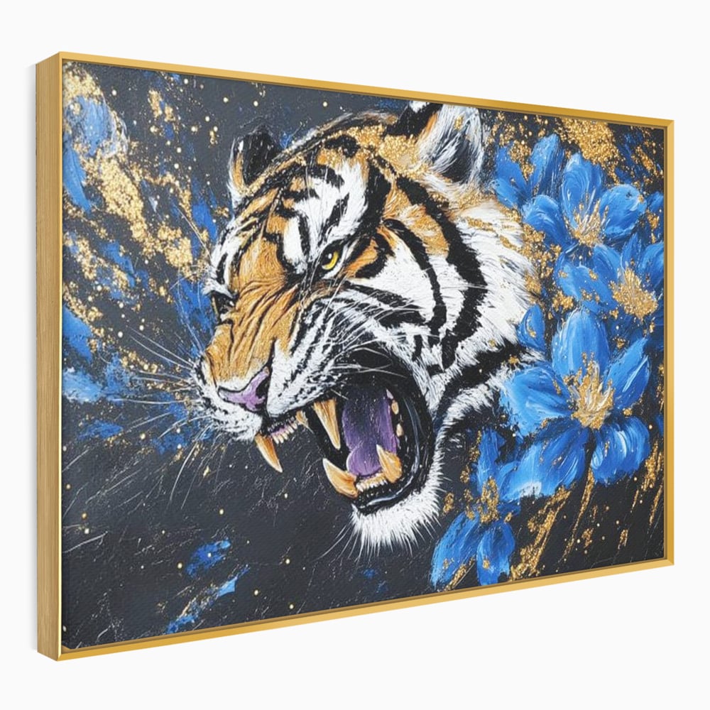 Leinwand Wandkunst Canvas Premium, LuxCanva® M1450, Schönheit aus Chaos, Blumen, Blütenblätter, Gold, Malerei, Spinne, Tiger, Wild, Hauer, Dschungel, Tier, Exotisch, Büro, Wohnen, Kinderzimmer