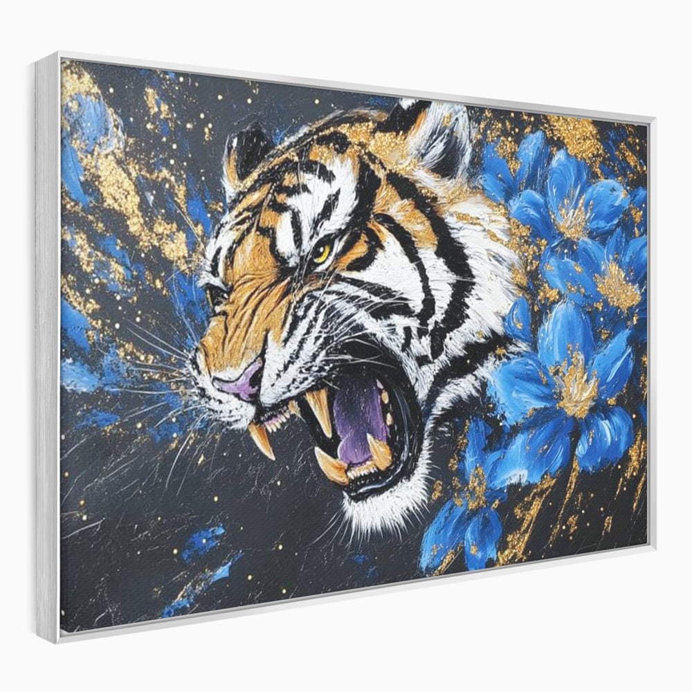 Leinwand Wandkunst Canvas Premium, LuxCanva® M1450, Schönheit aus Chaos, Blumen, Blütenblätter, Gold, Malerei, Spinne, Tiger, Wild, Hauer, Dschungel, Tier, Exotisch, Büro, Wohnen, Kinderzimmer