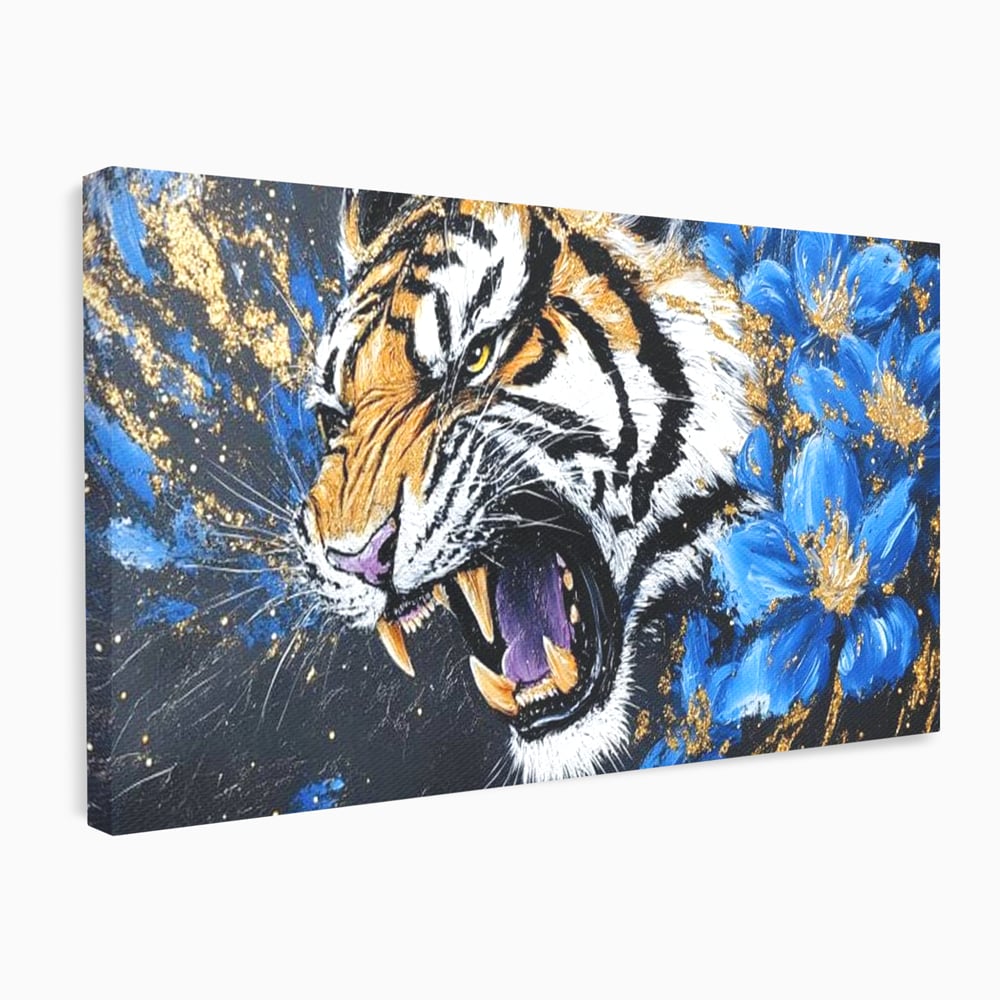 Leinwand Wandkunst Canvas Premium, LuxCanva® M1450, Schönheit aus Chaos, Blumen, Blütenblätter, Gold, Malerei, Spinne, Tiger, Wild, Hauer, Dschungel, Tier, Exotisch, Büro, Wohnen, Kinderzimmer