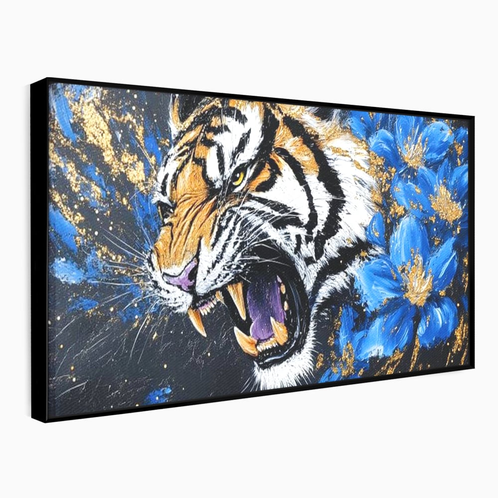 Leinwand Wandkunst Canvas Premium, LuxCanva® M1450, Schönheit aus Chaos, Blumen, Blütenblätter, Gold, Malerei, Spinne, Tiger, Wild, Hauer, Dschungel, Tier, Exotisch, Büro, Wohnen, Kinderzimmer