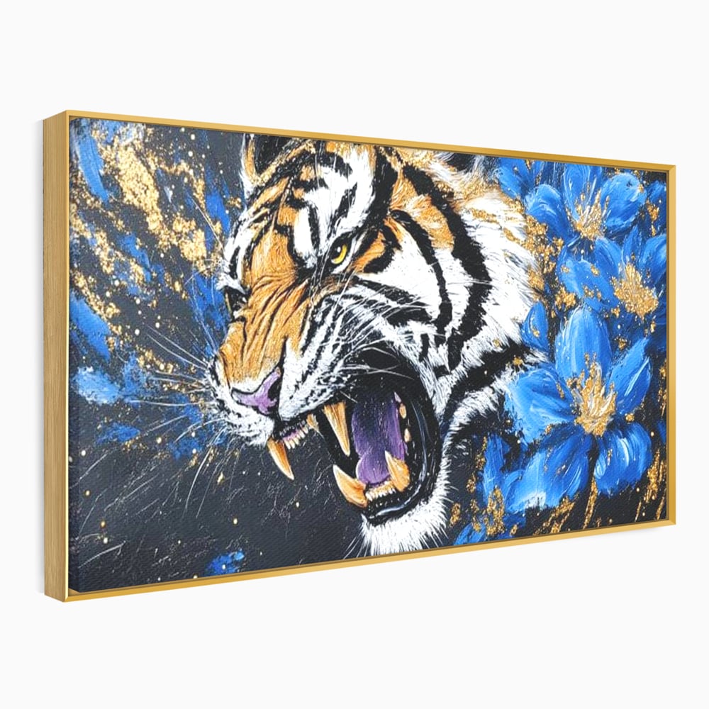 Leinwand Wandkunst Canvas Premium, LuxCanva® M1450, Schönheit aus Chaos, Blumen, Blütenblätter, Gold, Malerei, Spinne, Tiger, Wild, Hauer, Dschungel, Tier, Exotisch, Büro, Wohnen, Kinderzimmer