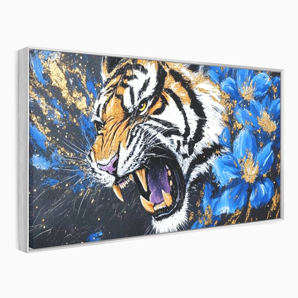 Leinwand Wandkunst Canvas Premium, LuxCanva® M1450, Schönheit aus Chaos, Blumen, Blütenblätter, Gold, Malerei, Spinne, Tiger, Wild, Hauer, Dschungel, Tier, Exotisch, Büro, Wohnen, Kinderzimmer