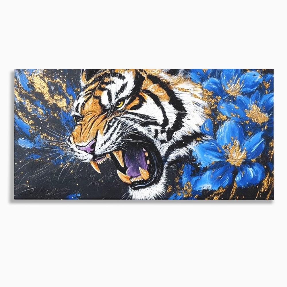 Leinwand Wandkunst Canvas Premium, LuxCanva® M1450, Schönheit aus Chaos, Blumen, Blütenblätter, Gold, Malerei, Spinne, Tiger, Wild, Hauer, Dschungel, Tier, Exotisch, Büro, Wohnen, Kinderzimmer