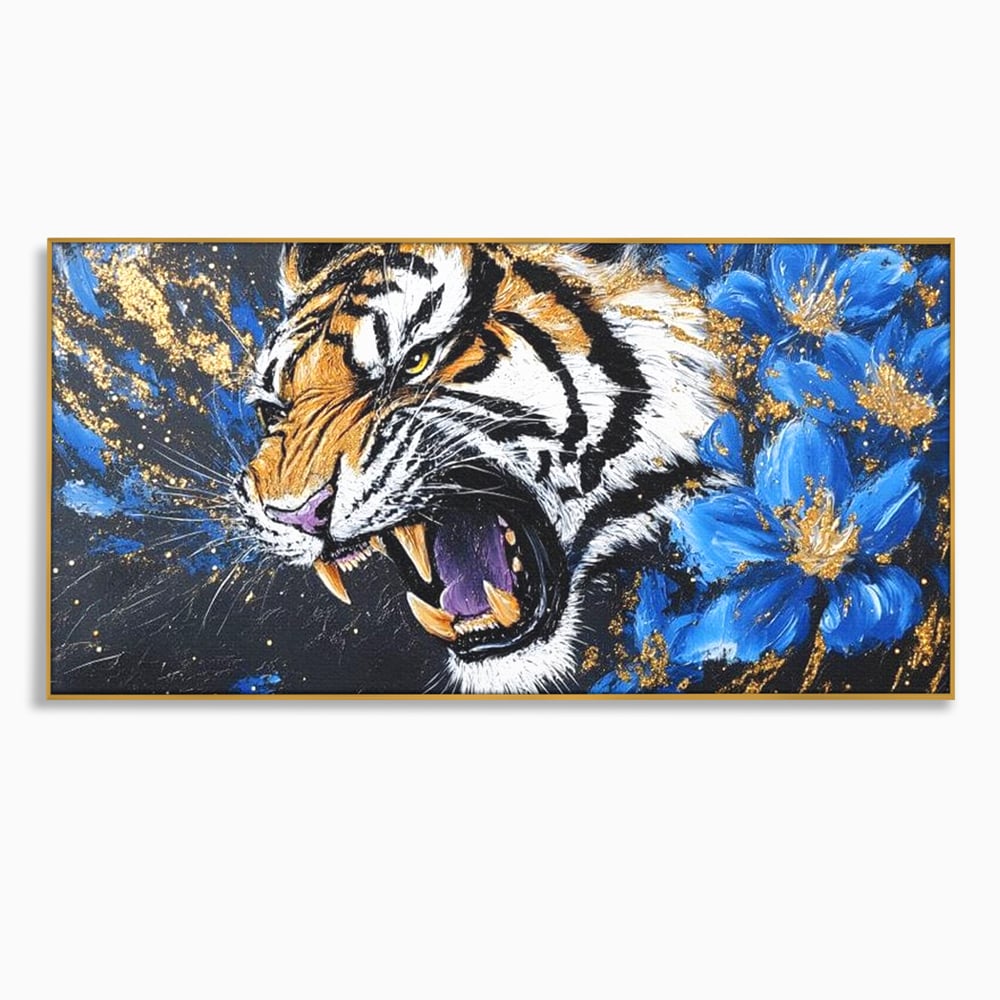 Leinwand Wandkunst Canvas Premium, LuxCanva® M1450, Schönheit aus Chaos, Blumen, Blütenblätter, Gold, Malerei, Spinne, Tiger, Wild, Hauer, Dschungel, Tier, Exotisch, Büro, Wohnen, Kinderzimmer