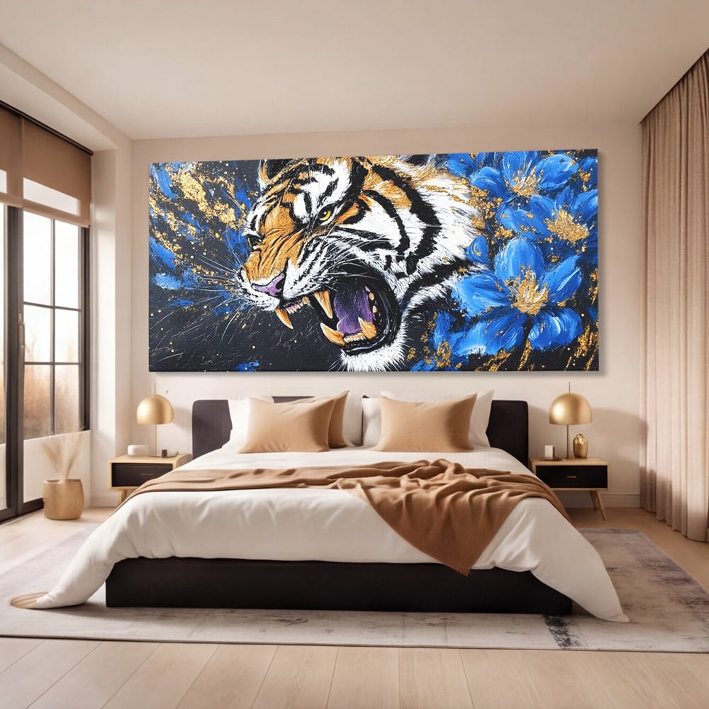 Leinwand Wandkunst Canvas Premium, LuxCanva® M1450, Schönheit aus Chaos, Blumen, Blütenblätter, Gold, Malerei, Spinne, Tiger, Wild, Hauer, Dschungel, Tier, Exotisch, Büro, Wohnen, Kinderzimmer
