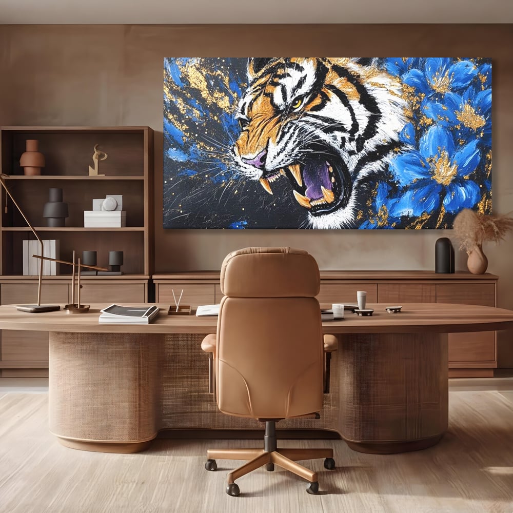 Leinwand Wandkunst Canvas Premium, LuxCanva® M1450, Schönheit aus Chaos, Blumen, Blütenblätter, Gold, Malerei, Spinne, Tiger, Wild, Hauer, Dschungel, Tier, Exotisch, Büro, Wohnen, Kinderzimmer