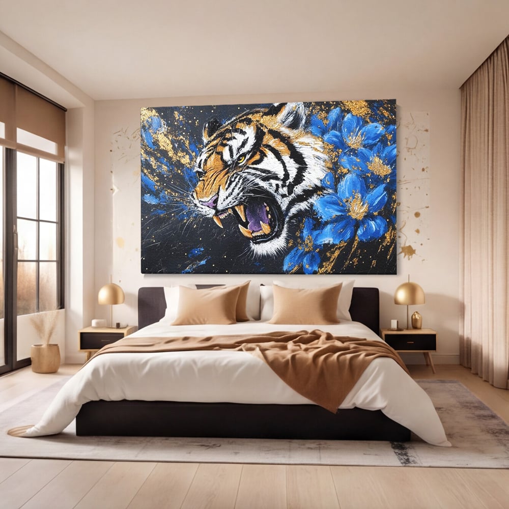 Leinwand Wandkunst Canvas Premium, LuxCanva® M1450, Schönheit aus Chaos, Blumen, Blütenblätter, Gold, Malerei, Spinne, Tiger, Wild, Hauer, Dschungel, Tier, Exotisch, Büro, Wohnen, Kinderzimmer