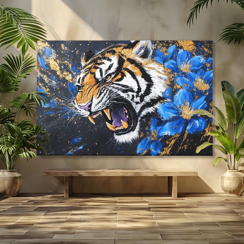 Leinwand Wandkunst Canvas Premium, LuxCanva® M1450, Schönheit aus Chaos, Blumen, Blütenblätter, Gold, Malerei, Spinne, Tiger, Wild, Hauer, Dschungel, Tier, Exotisch, Büro, Wohnen, Kinderzimmer