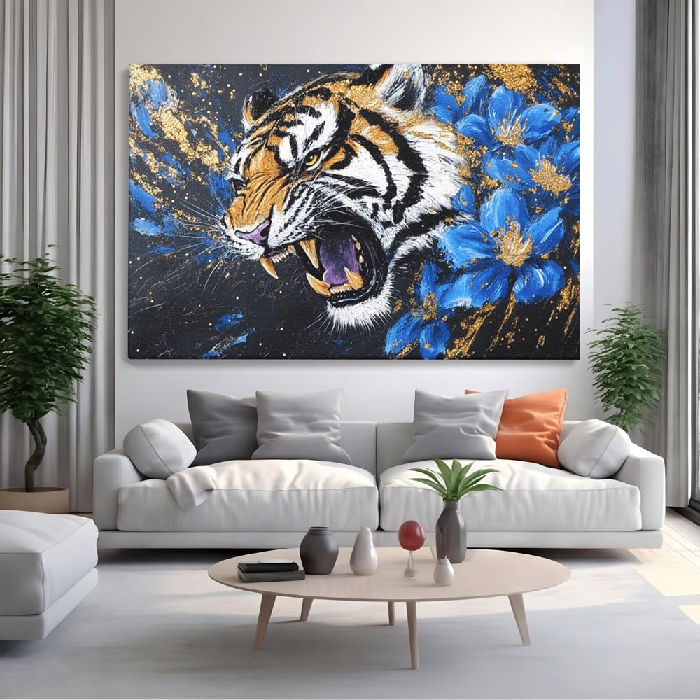 Leinwand Wandkunst Canvas Premium, LuxCanva® M1450, Schönheit aus Chaos, Blumen, Blütenblätter, Gold, Malerei, Spinne, Tiger, Wild, Hauer, Dschungel, Tier, Exotisch, Büro, Wohnen, Kinderzimmer