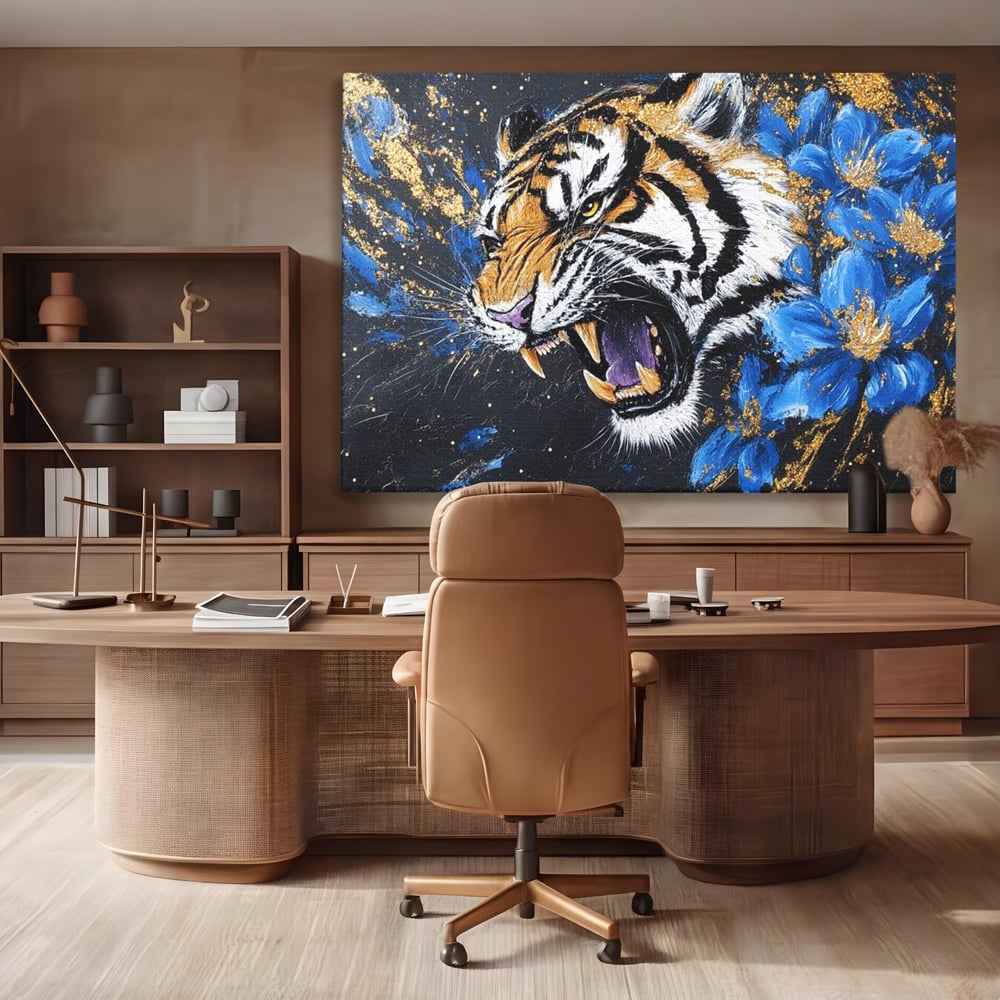 Leinwand Wandkunst Canvas Premium, LuxCanva® M1450, Schönheit aus Chaos, Blumen, Blütenblätter, Gold, Malerei, Spinne, Tiger, Wild, Hauer, Dschungel, Tier, Exotisch, Büro, Wohnen, Kinderzimmer