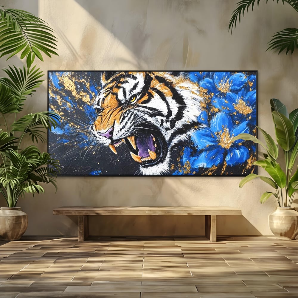 Leinwand Wandkunst Canvas Premium, LuxCanva® M1450, Schönheit aus Chaos, Blumen, Blütenblätter, Gold, Malerei, Spinne, Tiger, Wild, Hauer, Dschungel, Tier, Exotisch, Büro, Wohnen, Kinderzimmer