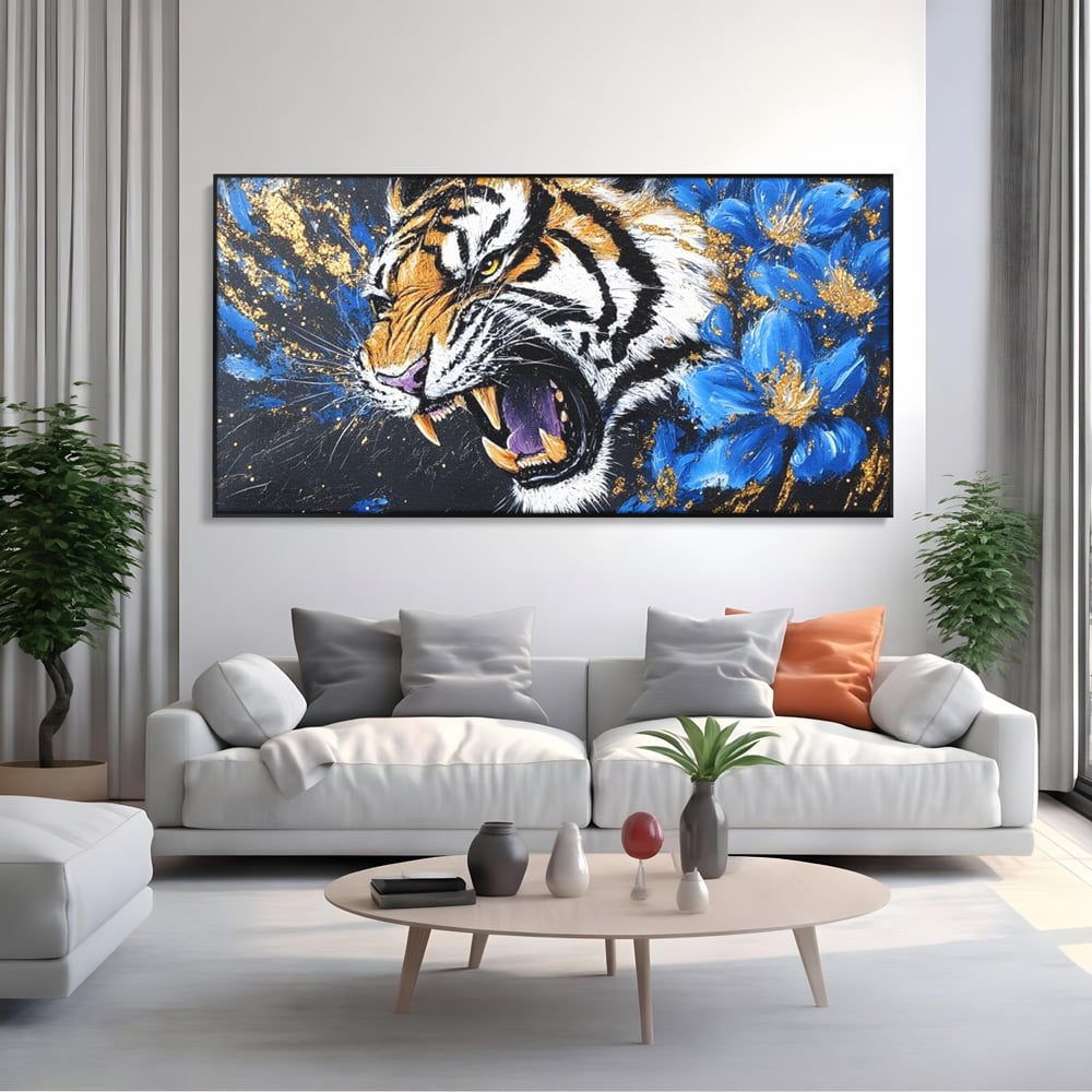 Leinwand Wandkunst Canvas Premium, LuxCanva® M1450, Schönheit aus Chaos, Blumen, Blütenblätter, Gold, Malerei, Spinne, Tiger, Wild, Hauer, Dschungel, Tier, Exotisch, Büro, Wohnen, Kinderzimmer