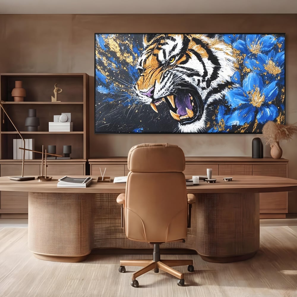 Leinwand Wandkunst Canvas Premium, LuxCanva® M1450, Schönheit aus Chaos, Blumen, Blütenblätter, Gold, Malerei, Spinne, Tiger, Wild, Hauer, Dschungel, Tier, Exotisch, Büro, Wohnen, Kinderzimmer