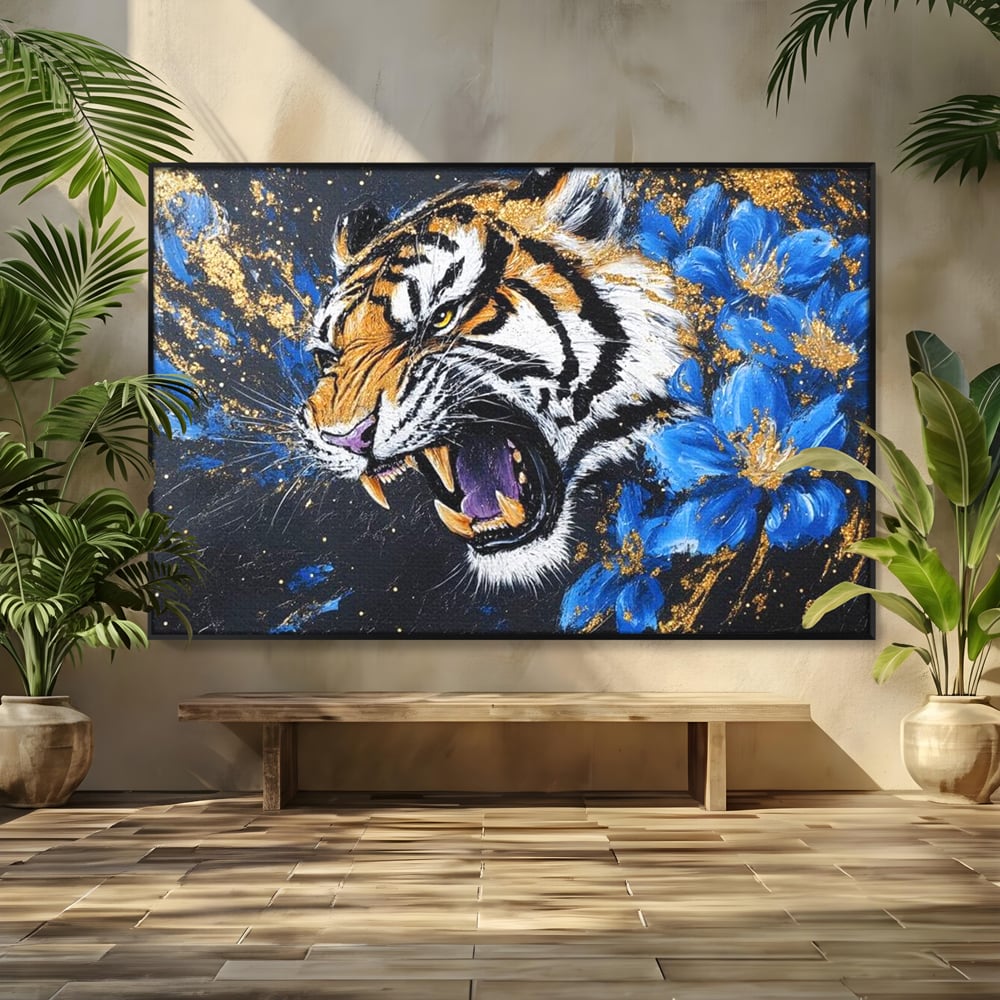 Leinwand Wandkunst Canvas Premium, LuxCanva® M1450, Schönheit aus Chaos, Blumen, Blütenblätter, Gold, Malerei, Spinne, Tiger, Wild, Hauer, Dschungel, Tier, Exotisch, Büro, Wohnen, Kinderzimmer