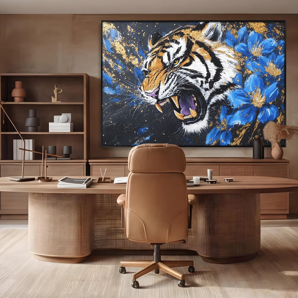 Leinwand Wandkunst Canvas Premium, LuxCanva® M1450, Schönheit aus Chaos, Blumen, Blütenblätter, Gold, Malerei, Spinne, Tiger, Wild, Hauer, Dschungel, Tier, Exotisch, Büro, Wohnen, Kinderzimmer