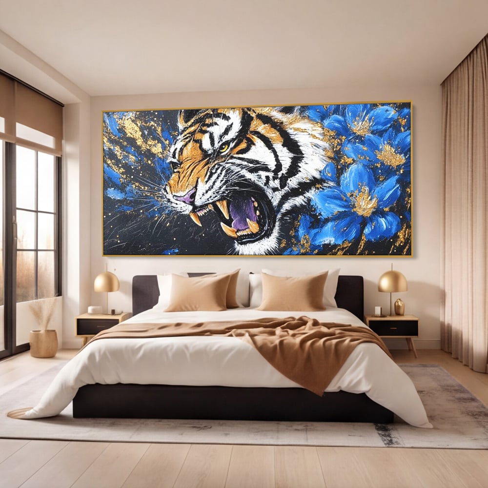 Leinwand Wandkunst Canvas Premium, LuxCanva® M1450, Schönheit aus Chaos, Blumen, Blütenblätter, Gold, Malerei, Spinne, Tiger, Wild, Hauer, Dschungel, Tier, Exotisch, Büro, Wohnen, Kinderzimmer