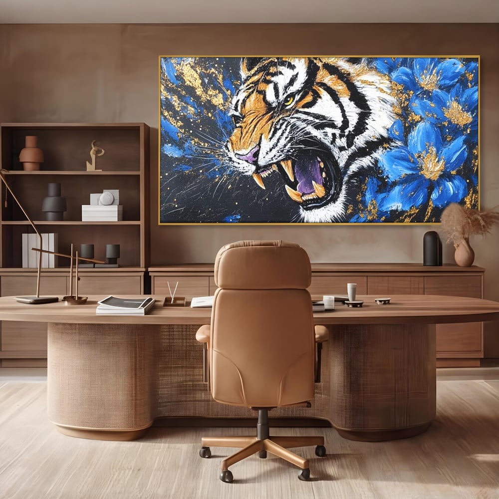 Leinwand Wandkunst Canvas Premium, LuxCanva® M1450, Schönheit aus Chaos, Blumen, Blütenblätter, Gold, Malerei, Spinne, Tiger, Wild, Hauer, Dschungel, Tier, Exotisch, Büro, Wohnen, Kinderzimmer