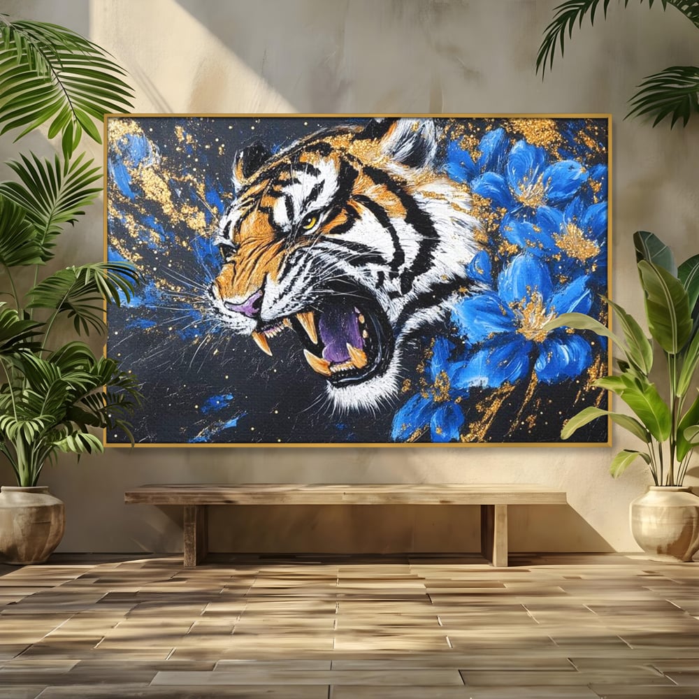 Leinwand Wandkunst Canvas Premium, LuxCanva® M1450, Schönheit aus Chaos, Blumen, Blütenblätter, Gold, Malerei, Spinne, Tiger, Wild, Hauer, Dschungel, Tier, Exotisch, Büro, Wohnen, Kinderzimmer