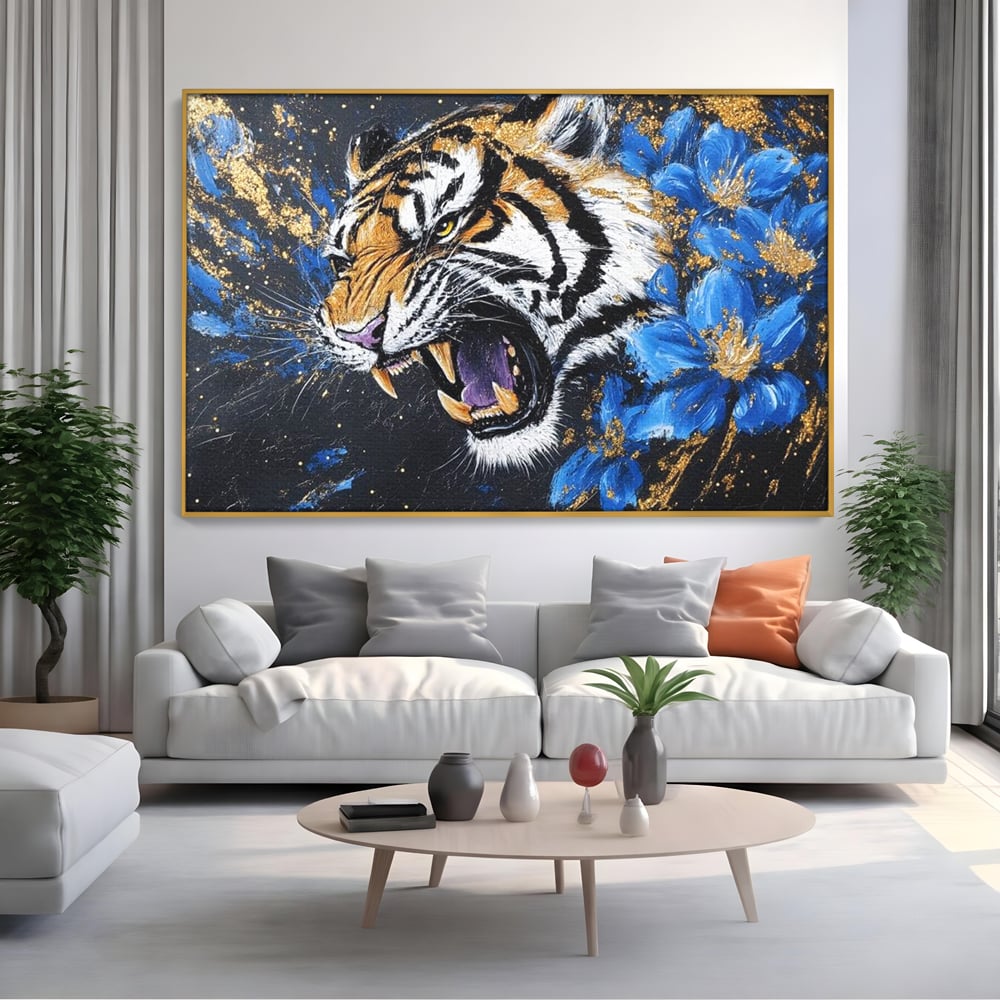 Leinwand Wandkunst Canvas Premium, LuxCanva® M1450, Schönheit aus Chaos, Blumen, Blütenblätter, Gold, Malerei, Spinne, Tiger, Wild, Hauer, Dschungel, Tier, Exotisch, Büro, Wohnen, Kinderzimmer