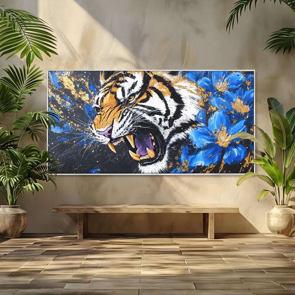 Leinwand Wandkunst Canvas Premium, LuxCanva® M1450, Schönheit aus Chaos, Blumen, Blütenblätter, Gold, Malerei, Spinne, Tiger, Wild, Hauer, Dschungel, Tier, Exotisch, Büro, Wohnen, Kinderzimmer