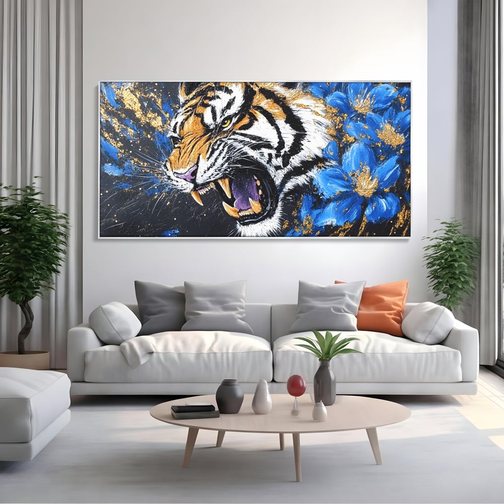 Leinwand Wandkunst Canvas Premium, LuxCanva® M1450, Schönheit aus Chaos, Blumen, Blütenblätter, Gold, Malerei, Spinne, Tiger, Wild, Hauer, Dschungel, Tier, Exotisch, Büro, Wohnen, Kinderzimmer