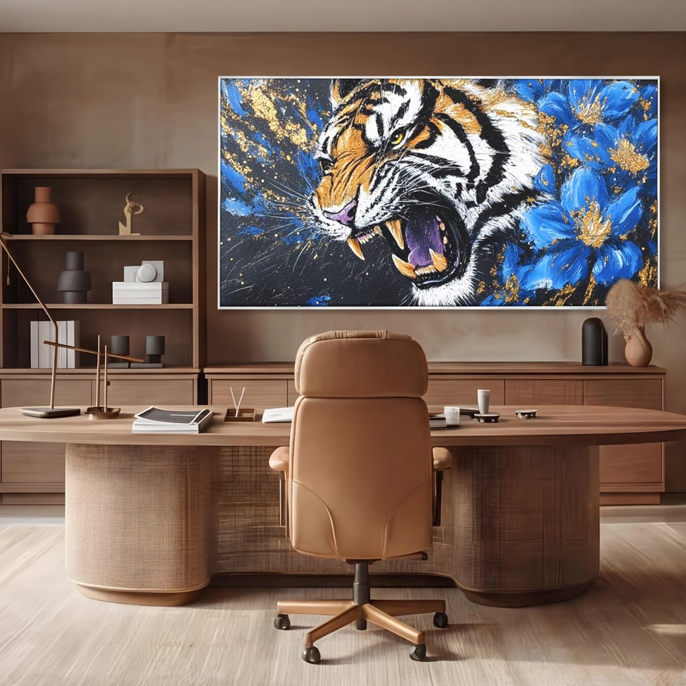 Leinwand Wandkunst Canvas Premium, LuxCanva® M1450, Schönheit aus Chaos, Blumen, Blütenblätter, Gold, Malerei, Spinne, Tiger, Wild, Hauer, Dschungel, Tier, Exotisch, Büro, Wohnen, Kinderzimmer