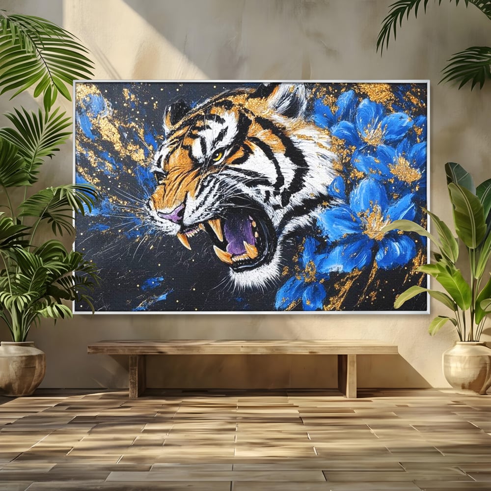 Leinwand Wandkunst Canvas Premium, LuxCanva® M1450, Schönheit aus Chaos, Blumen, Blütenblätter, Gold, Malerei, Spinne, Tiger, Wild, Hauer, Dschungel, Tier, Exotisch, Büro, Wohnen, Kinderzimmer