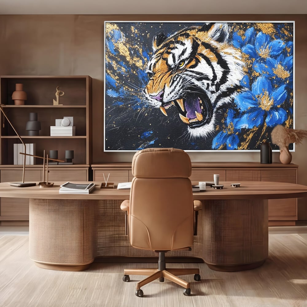 Leinwand Wandkunst Canvas Premium, LuxCanva® M1450, Schönheit aus Chaos, Blumen, Blütenblätter, Gold, Malerei, Spinne, Tiger, Wild, Hauer, Dschungel, Tier, Exotisch, Büro, Wohnen, Kinderzimmer