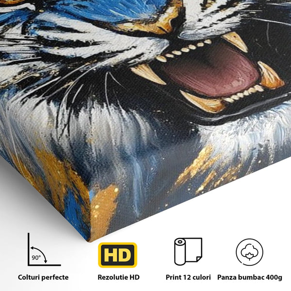 Tablou Canvas Premium, LuxCanva® M1451, Flacara Albastra, Tigru, Felina, Salbaticie, Colti, Dungi, Fioros, Furie, Azur, Auriu, Strigat, Pictura, Abstract, Birou, Living, Camera Copil