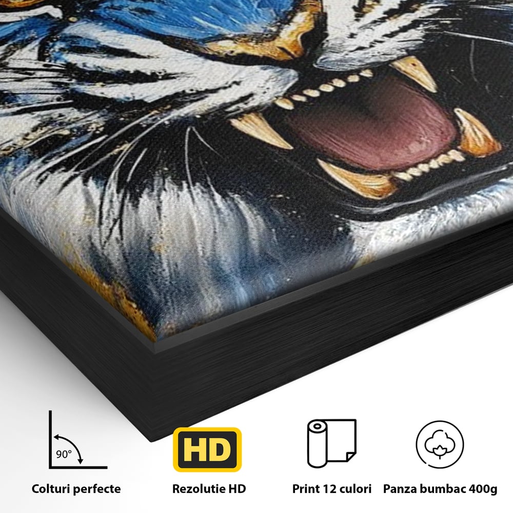 Tablou Canvas Premium, LuxCanva® M1451, Flacara Albastra, Tigru, Felina, Salbaticie, Colti, Dungi, Fioros, Furie, Azur, Auriu, Strigat, Pictura, Abstract, Birou, Living, Camera Copil