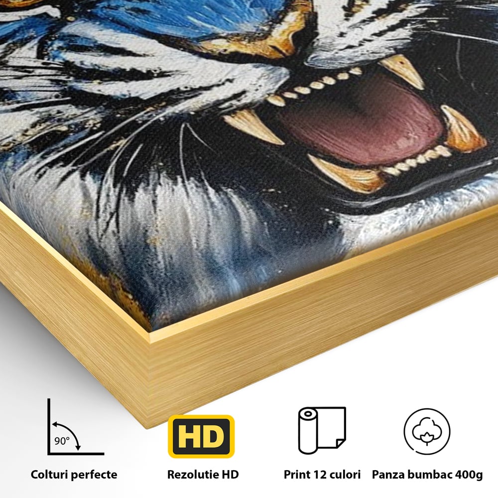 Tablou Canvas Premium, LuxCanva® M1451, Flacara Albastra, Tigru, Felina, Salbaticie, Colti, Dungi, Fioros, Furie, Azur, Auriu, Strigat, Pictura, Abstract, Birou, Living, Camera Copil