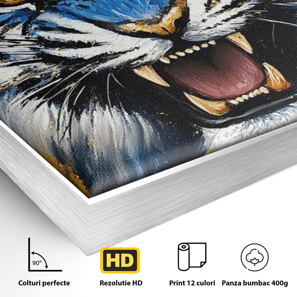 Tablou Canvas Premium, LuxCanva® M1451, Flacara Albastra, Tigru, Felina, Salbaticie, Colti, Dungi, Fioros, Furie, Azur, Auriu, Strigat, Pictura, Abstract, Birou, Living, Camera Copil
