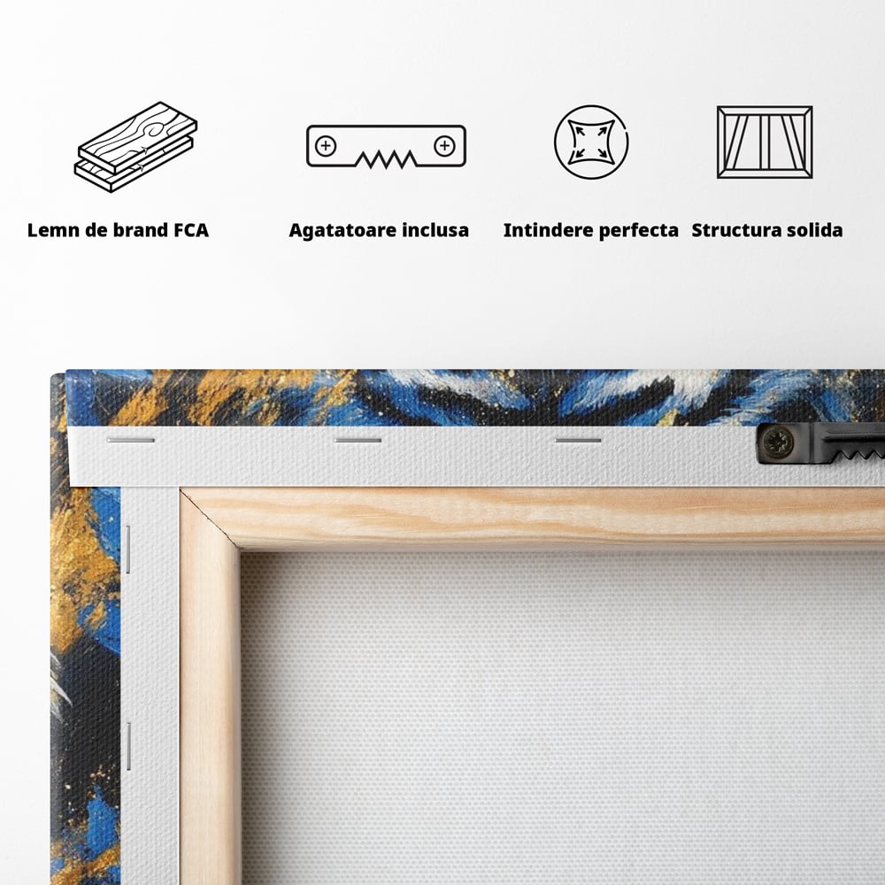 Tablou Canvas Premium, LuxCanva® M1451, Flacara Albastra, Tigru, Felina, Salbaticie, Colti, Dungi, Fioros, Furie, Azur, Auriu, Strigat, Pictura, Abstract, Birou, Living, Camera Copil