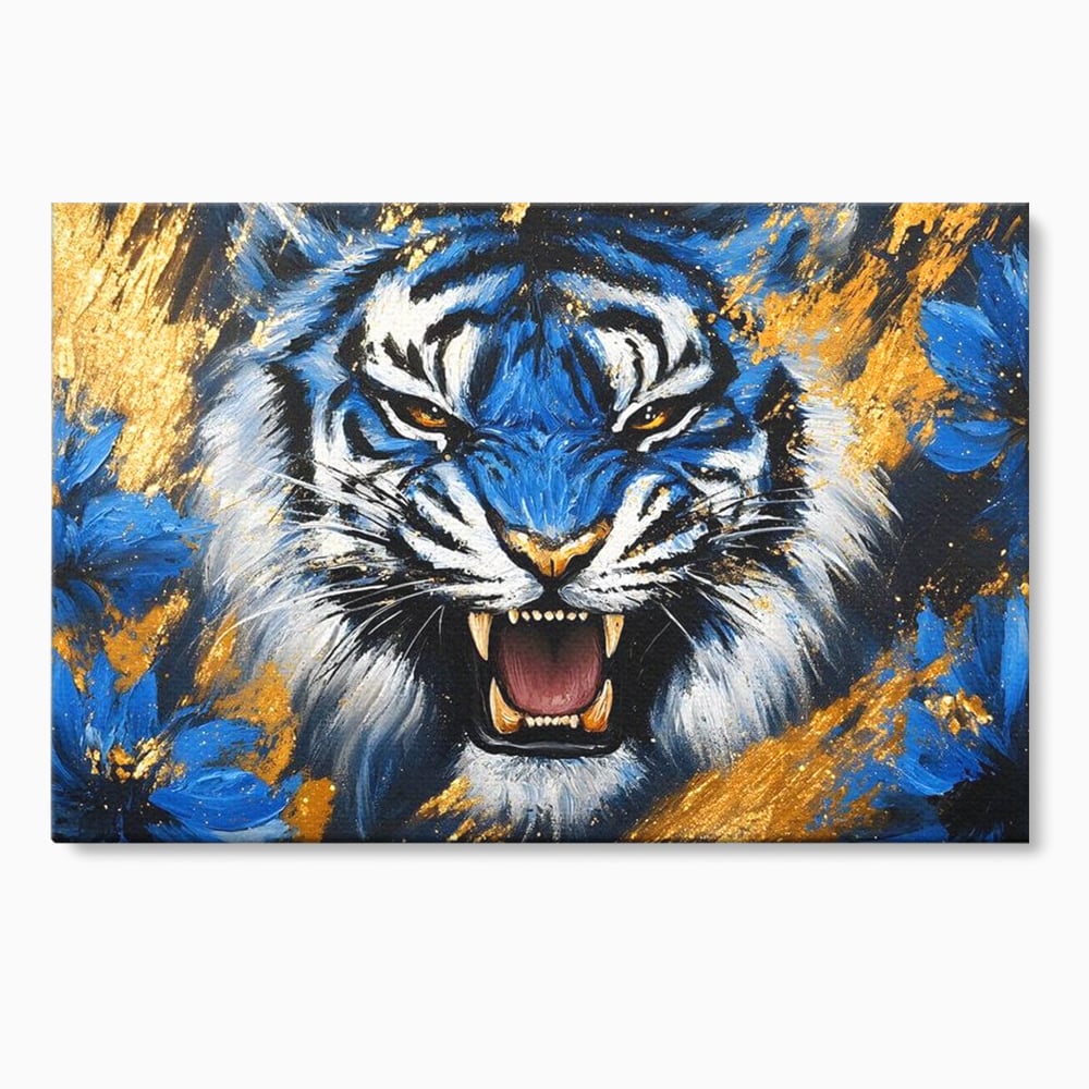 Tablou Canvas Premium, LuxCanva® M1451, Flacara Albastra, Tigru, Felina, Salbaticie, Colti, Dungi, Fioros, Furie, Azur, Auriu, Strigat, Pictura, Abstract, Birou, Living, Camera Copil