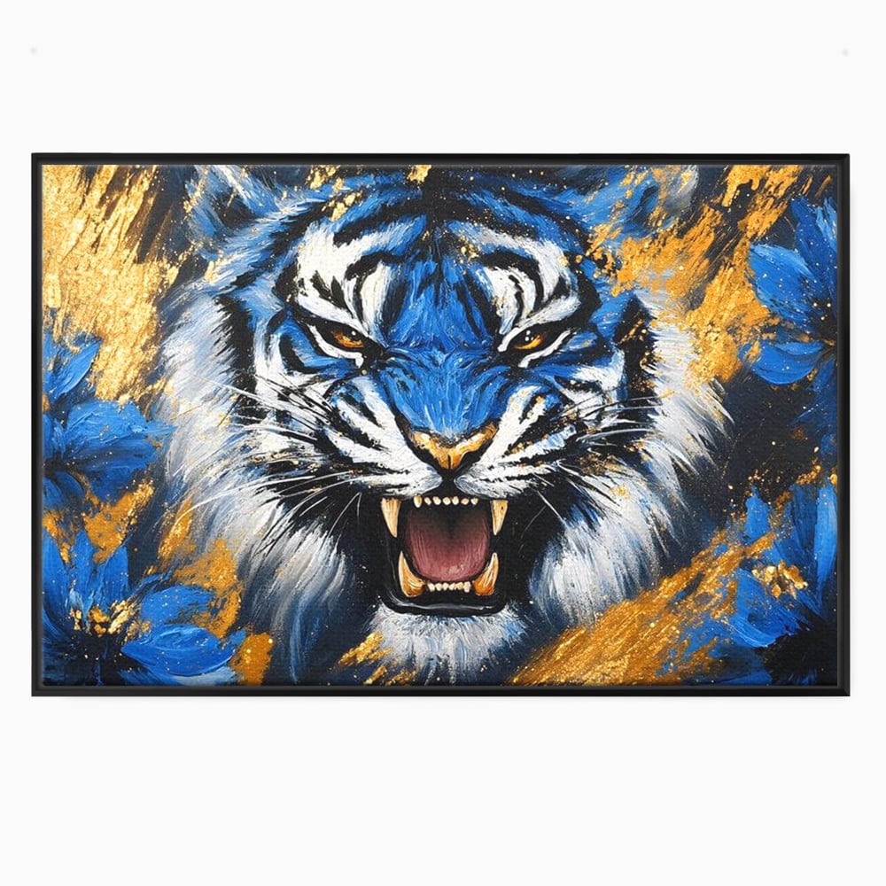 Tablou Canvas Premium, LuxCanva® M1451, Flacara Albastra, Tigru, Felina, Salbaticie, Colti, Dungi, Fioros, Furie, Azur, Auriu, Strigat, Pictura, Abstract, Birou, Living, Camera Copil