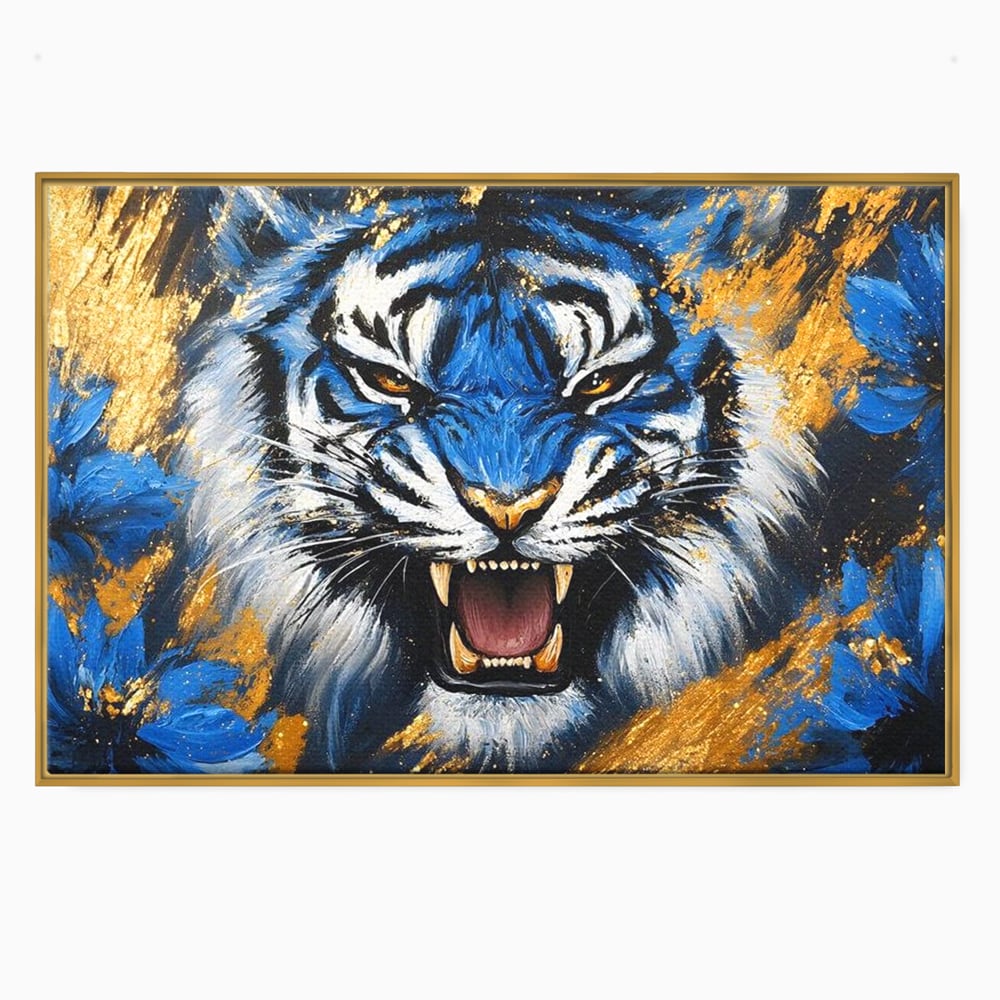 Tablou Canvas Premium, LuxCanva® M1451, Flacara Albastra, Tigru, Felina, Salbaticie, Colti, Dungi, Fioros, Furie, Azur, Auriu, Strigat, Pictura, Abstract, Birou, Living, Camera Copil