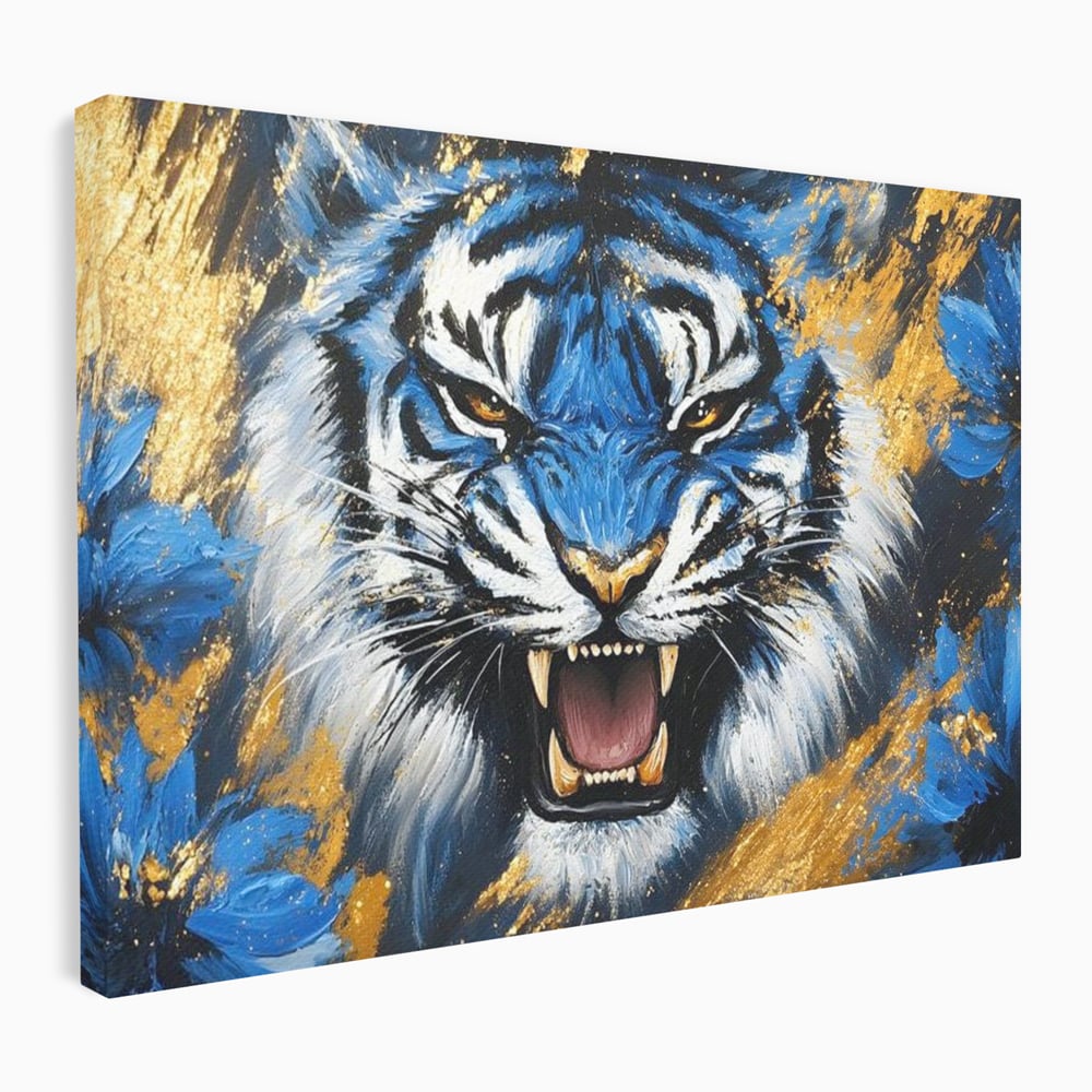 Tablou Canvas Premium, LuxCanva® M1451, Flacara Albastra, Tigru, Felina, Salbaticie, Colti, Dungi, Fioros, Furie, Azur, Auriu, Strigat, Pictura, Abstract, Birou, Living, Camera Copil