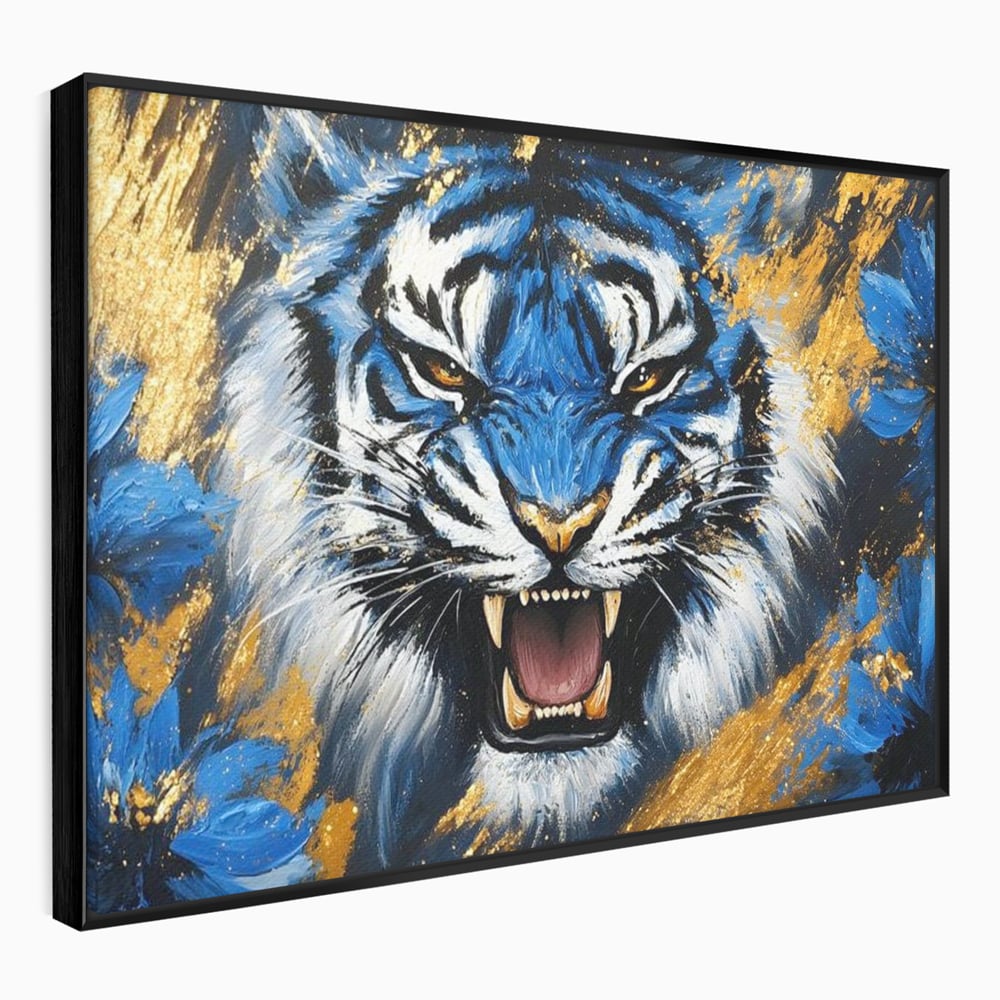 Tablou Canvas Premium, LuxCanva® M1451, Flacara Albastra, Tigru, Felina, Salbaticie, Colti, Dungi, Fioros, Furie, Azur, Auriu, Strigat, Pictura, Abstract, Birou, Living, Camera Copil